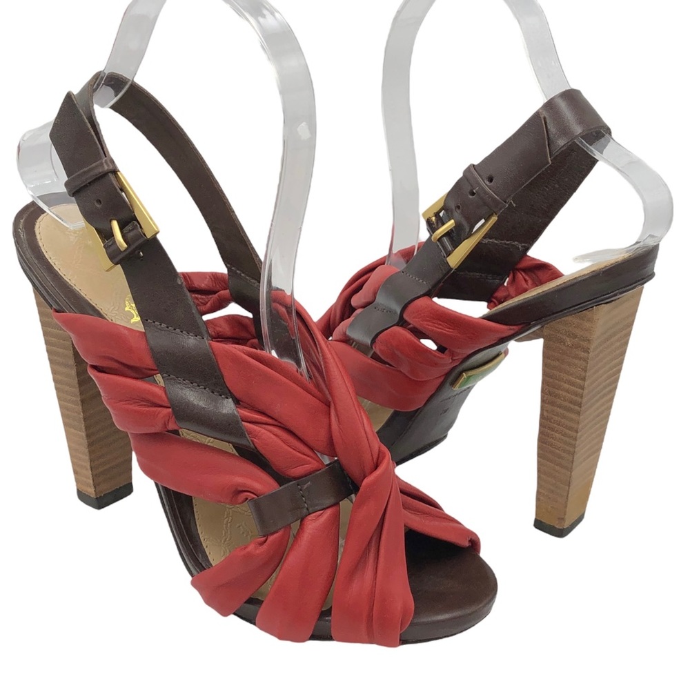 L.A.M.B Red Leather Twist Wood Stacked High Heels Size 7